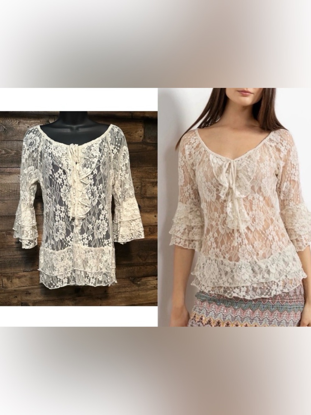 New York & Company Ivory Floral Lace Ruffle Top